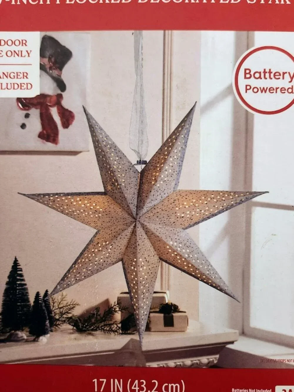 NEW Light Up Battery Operated Flocked Star Christmas Hanging Decoration Decor Ho